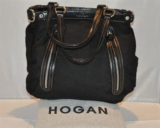 BLACK NYLON AND LEATHER HOGAN TOTE WITH SILVER HARDWARE AND DOUBLE FRONT ZIPPER POCKETS (WITH DUST BAG) IN EXCELLENT CONDITION. 14.5"W X 13"H X 4"W. OUR PRICE $150.00