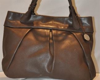 BROWN LEATHER FURLA HANDBAG IN GOOD CONDITION (WITH DUST BAG), 18"W X 12"H X 7"D. OUR PRICE $150.00