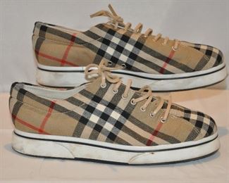 AUTHENTIC CHECKED CANVAS BURBERRY SNEAKERS WITH LEATHER INTERIOR IN VERY GOOD CONDITION, SIZE 38. OUR PRICE $150.00