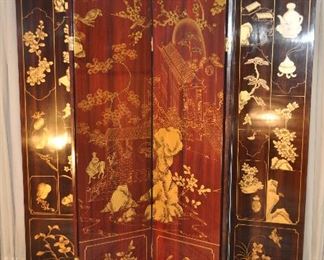 SIX PANEL REDDISH BROWN WOODEN ASIAN STYLE  ROOM DIVIDER SCREEN WITH GREAT CHERRY BLOSSOM SCENES ON ONE SIDE AND SOLID LACQUER ON THE OTHER. EACH PANEL IS 16"W X 72"H. OUR PRICE $325.00