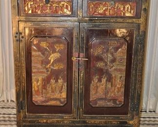 LARGE ANTIQUE ASIAN TWO DRAWER TWO DOOR CARVED AND HAND PAINTED CABINET, IN RED, BLACK AND COLORS, 34.5" X 16"D X 41.5"H. OUR PRICE $795.00 
