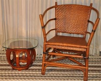 FANTASTIC BURNT ORANGE BAMBOO AND RATTAN CURVED SIDE CHAIR, IN GOOD CONDITION. 27"W X 33"H X 20"D. OUR PRICE $125.00. SHOWN WITH A WOODEN STOOL/SIDE TABLE. 13.5"H X 18" SQUARE GLASS. OUR PRICE $95.00