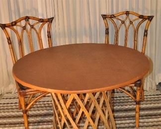 39" ROUND EQUIPALE HAND MADE DINING TABLE, CEDAR STRIPS BASE AND LEATHER TOP, MADE IN MEXICO. OUR PRICE $295.00