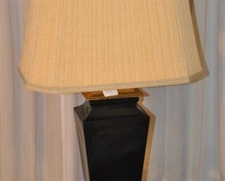 VINTAGE BLACK AND BRASS CERAMIC TABLE LAMPS BY MORRIS GREENSPAN, 30"H. WITH PLEATED SILK SHADES. TWO AVAILABLE. OUR PRICE $125.00 EACH