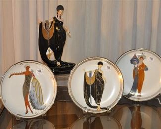 WONDERFUL PORCELAIN FRANKLIN MINT ERTE 10.5" "GLAMOUR" FIGURINE SHOWN WITH THREE 8.25" DECORATIVE ERTE PLATES. ALL WITH ORIGINAL BOXES.  FIGURINE PRICE $100.00, PLATES ARE $18.00 EACH OR SET OF 3 FOR $45.00 