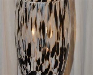 LARGE 14"H X 6.5"DIA. BLACK, BROWN AND WHITE DECORATIVE GLASS VASE. ONE AVAILABLE OUR PRICE $45.00