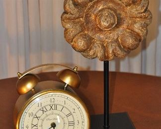 GOLD TONE TABLETOP DECORATIVE ART INCLUDES A PENN STATION BATTERY OPERATED 9" CLOCK AND A 15.5 FLOWER SCULPTURE. OUR PRICE $45.00 PAIR