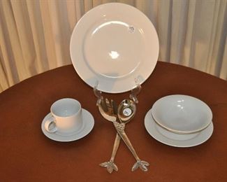 FIVE PIECE PLACE SETTING, SERVICE FOR 6, BISTRO WHITE BY FABERWARE. OUR PRICE $75.00. SHOWN WITH A SET OF PEWTER SALAD SERVERS BY BOYE. OUR PRICE $40.00