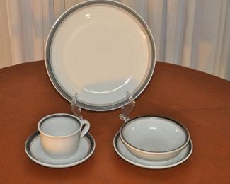 5 PIECE SERVICE FOR SIX CREAM WITH GREY TRIM PFALTZGRAFF DINNERWARE SET MADE IN THE USA. OUR PRICE $75.00 