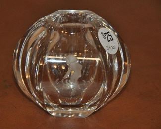 FANTASTIC ETCHED HEAVY GLASS "LITTLE GIRL IN A PUDDLE OF WATER" SIGNED AND NUMBERED 750/1119 3.5" SWEDISH VOTIVE. OUR PRICE $25.00