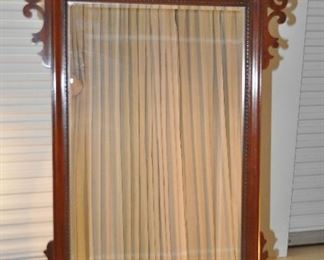 GORGEOUS LARGE BAKER CHIPPENDALE STYLE MAHOGANY FINISH WALL MIRROR WITH BEVELED GLASS PANE. 55" H X  31.25" W. OUR PRICE $895.00