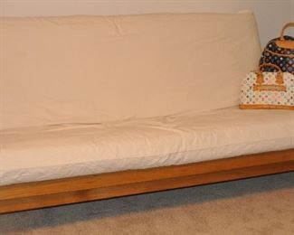 WONDERFUL MISSION STYLE OAK FUTON SOFA BED FRAME WITH FULL SIZE MATTRESS AND CREAM CANVAS COVER, 82"W X 39"H X 45"D. OUR PRICE $395.00 (SORRY...PURSES NOT AVAILABLE!!)