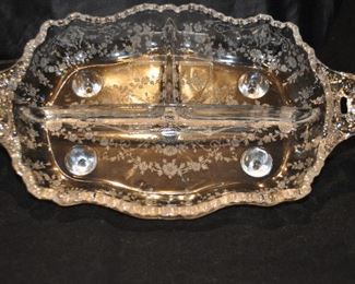 FANTASTIC CAMBRIDGE “DIANE” 3 SECTION RELISH TRAY, 12” X 7.5”. OUR PRICE $40.00