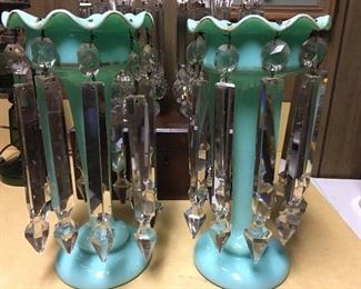Turquoise Pair of Victorian Crystal Bohemian Mantle Lustres (1800’s)