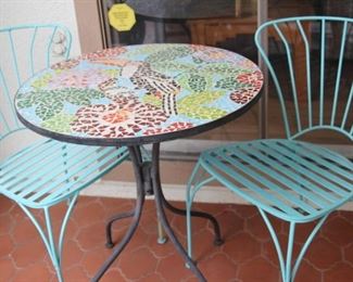 $100. Mosaic bistro table and two metal chairs.