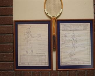 $75. Set of three pieces. Blueprints for tennis object and equipment directions and vintage Maxply, Dunlop wooden tennis racket.