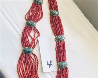 Coral bead/inlaid turquoise 28" necklace - $45.00