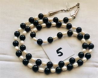 Onyx/fresh water pearl/sterling 32" necklace - $75.00