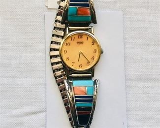 Navajo Sterling inlaid watch tips - $50.00.  Functionality of watch is unknown and watch is "as is".