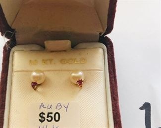 14K cultured pearl/ruby earrings - $50.00