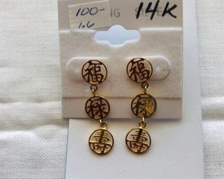 14k Asian earrings.  1.25" long. 1.6 grams  $100.00