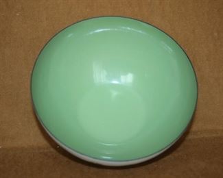 $35. Catherinholm, Norway. 5.5x4 iches. Mid century green and white enameled "lotus pattern" bowl.