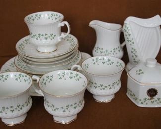 $65. Royal Tara, 16 piece tea set, cups, saucers, tea plate and cake plate, cream and sugar and harp ornament. 