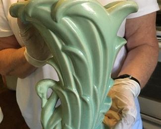 Vintage swan vase. McCoy pottery circa 1946 turquoise green glaze, exceptional condition.