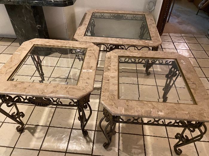 Three faux marble set coffee and two end tables, coffee table is 36 x 17 $150.00, end tables are 26 x 21 $75.00 each