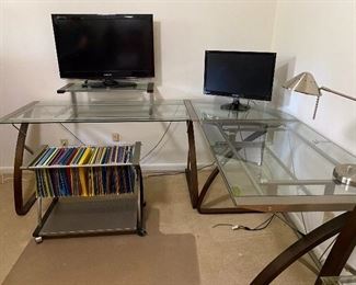 Home Office, great looking L shape, glass chrome with wood legs. Room for two chairs