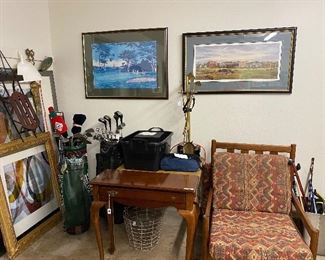 Golf everything art of St Andrews, golf clubs, balls, shoes, books, and a set of fireplace tools with golf clubs ......