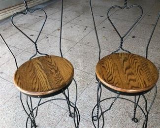 pair of heat back iron & wood bar stools