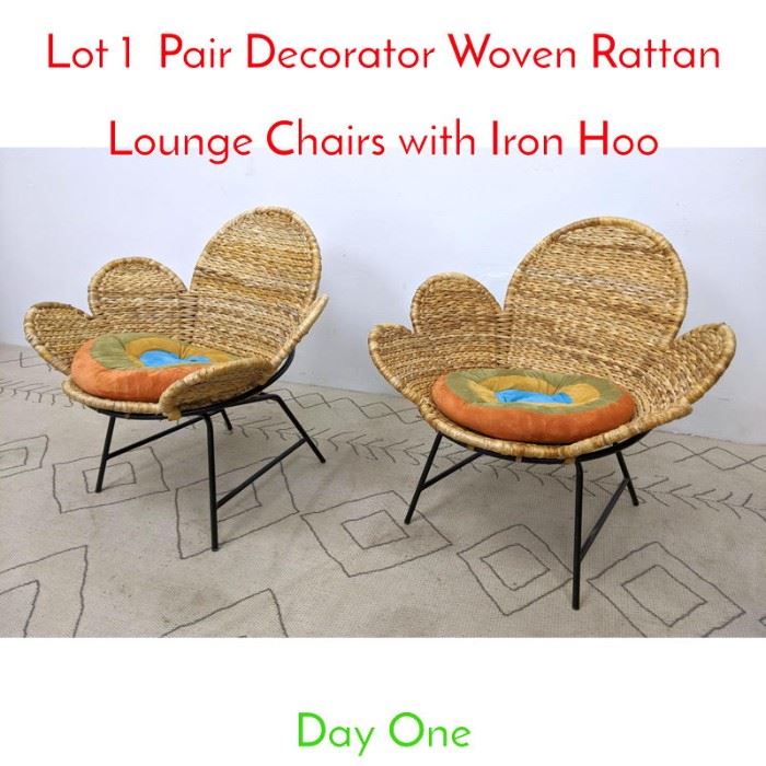 Lot 1 Pair Decorator Woven Rattan Lounge Chairs with Iron Hoo