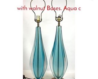Lot 15 Pair Murano Glass Table Lamps with walnut Bases. Aqua c