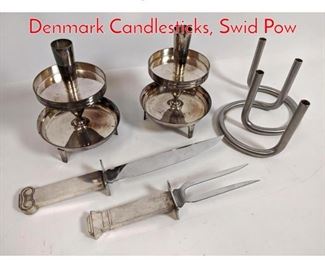 Lot 44 Silverplate Table Wares. Denmark Candlesticks, Swid Pow