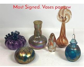 Lot 59 6pcs Blown Art Glass Objects. Most Signed. Vases paperw