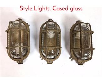 Lot 258 Set 3 Industrial Brass Marine Style Lights. Cased glass