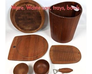 Lot 285 7pcs Modernist Teak Wood Ware. Waste can, trays, bowls.