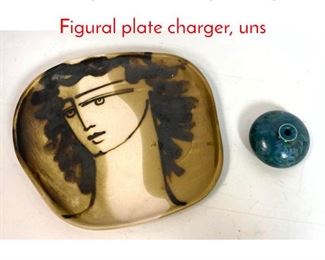 Lot 287 2pc Mid Century Pottery Lot. Figural plate charger, uns