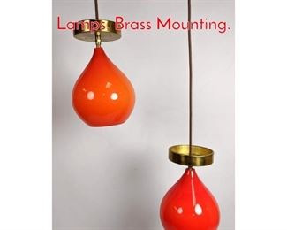 Lot 347 Pair Orange Glass Pendant Lamps. Brass Mounting.