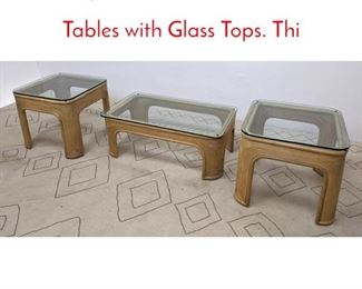Lot 517 3pc Set Miami Modern Rattan Tables with Glass Tops. Thi