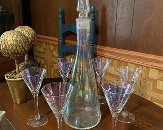 Vintage Hand Blown Iridescent Wine Set ~ 6 Glasses + Decanter 