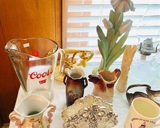 Vintage Glass Coors Pitcher, Vintage “Cutie” Telephone / Phone, K-State KSU Cup, Silverplate Napkin Holder, Czec & Brazil Mini Vase / Vases, Old Czec Elk Creamer