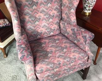 69.  Set (2) Vintage Miniature Curved High Back Parlor Chairs in Grey/Pink Upholstery, $120.00