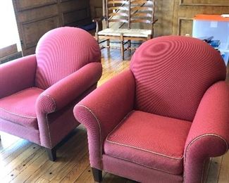 102  Pair, Ethan Allen Upholstered Roundback Clubchairs with Multicolored Piping, Some discoloration on Backs Due to Sun, $300.00