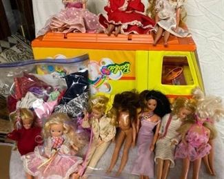 Barbies, Camper, and Clothes 