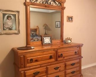Quality Knotty Pine Large Mirrored Dresser
