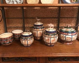 Fun Ceramic ware Canisters, Soup Tureen and Four Matching Bowls