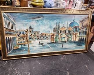 Large MCM Lighted Double Framed Mikulik Oil Painting Venice  67.25"W x 36"W x 3.5"D (Lights work)    Sold