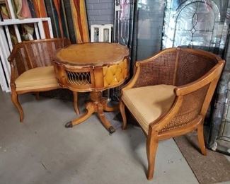 (2) Vintage cane back & side solid wood Padded fabric seat arm chairs $495 Pair